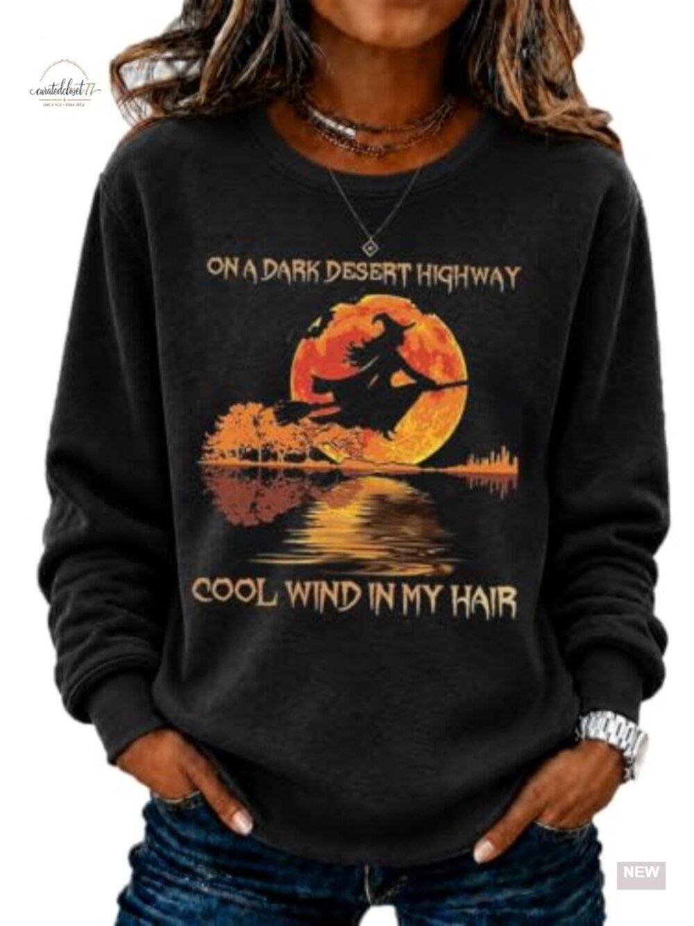 Fleece Lined Cotton Blend Crewneck Sweatshirt Halloween Witch Graphic Pullover